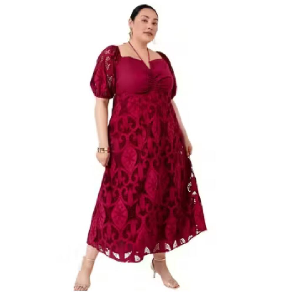 June + Vie Women's Plus Eyelet Sleeve Embroidered Peasant Dress 14/16 Rumba Red